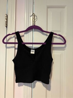 TNA Black Ribbed V-Neck Crop Tank Top